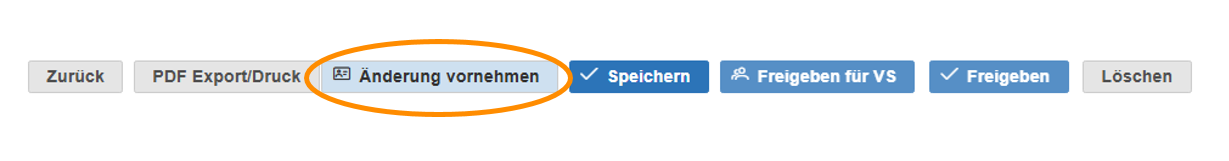 Leiste mit Schaltflächen für Zurück, PDF-Export / Druck, Speichern, Freigeben für VS, Freigeben und Löschen sowie hervorgehobener Schaltfläche Änderung vornehmen.