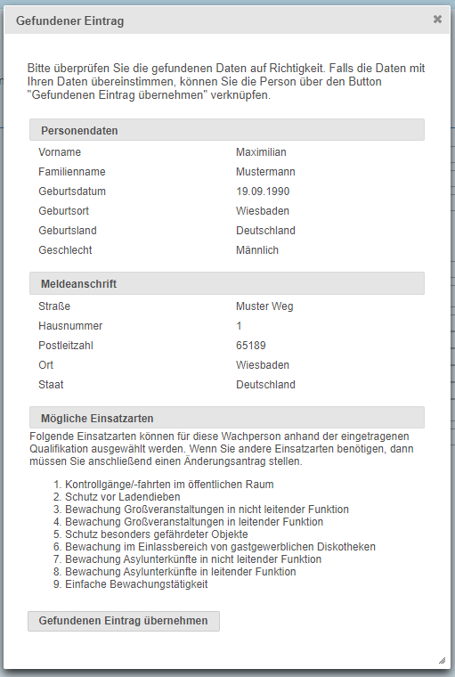 Dialogfenster zur &Uuml;berpr&uuml;fung eines gefundenen Eintrags mit Angaben zur Wachperson sowie Schaltfl&auml;che gefundenen Eintrag &uuml;bernehmen.