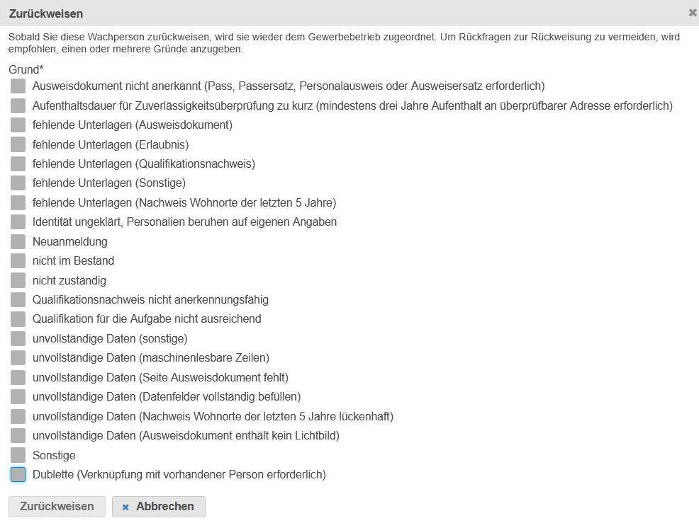 Dialogfenster zum Zurückweisen mit Informationshinweis, umfangreicher Liste von Zurückweisungsgründen mit jeweils vorangestellten Kontrollkästchen sowie den Schaltflächen Zurückweisen und Abbrechen.