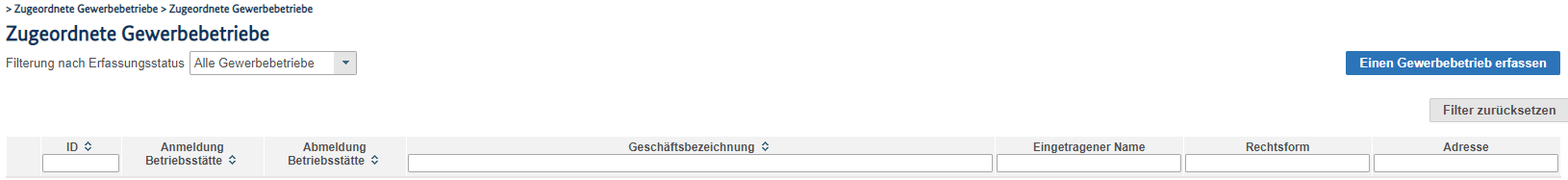 Übersichtsseite der zugeordneten Gewerbebetriebe mit Filteroptionen, Ergebnistabelle und Schaltfläche zum Erfassen eines neuen Gewerbebetriebs.